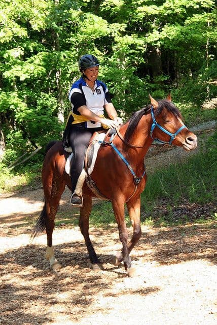 A rider in a helmet smiles while horseback riding on a forest trail.