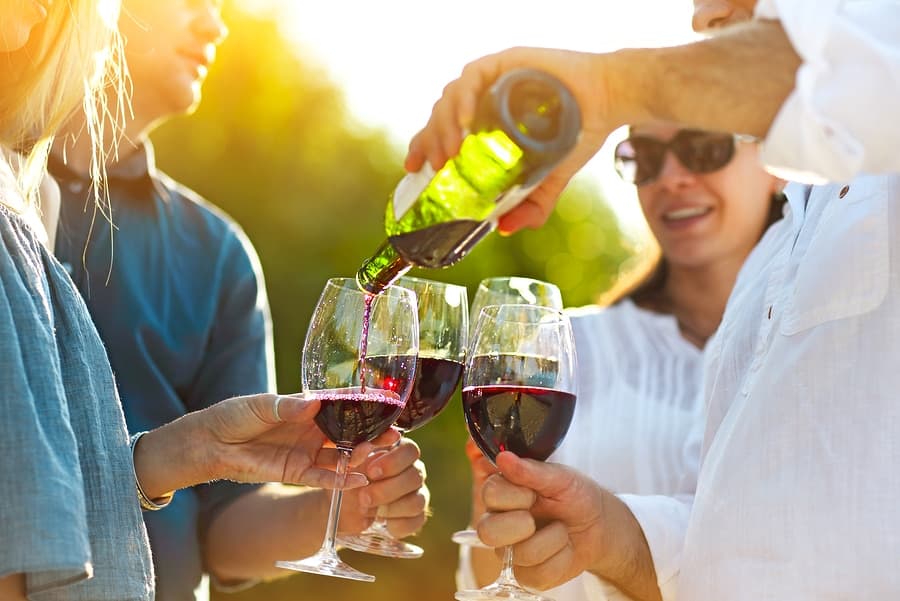 A group of friends toasting with glasses of red wine in a sunny outdoor setting. A group of friends toasting with glasses of red wine in a sunny outdoor setting.