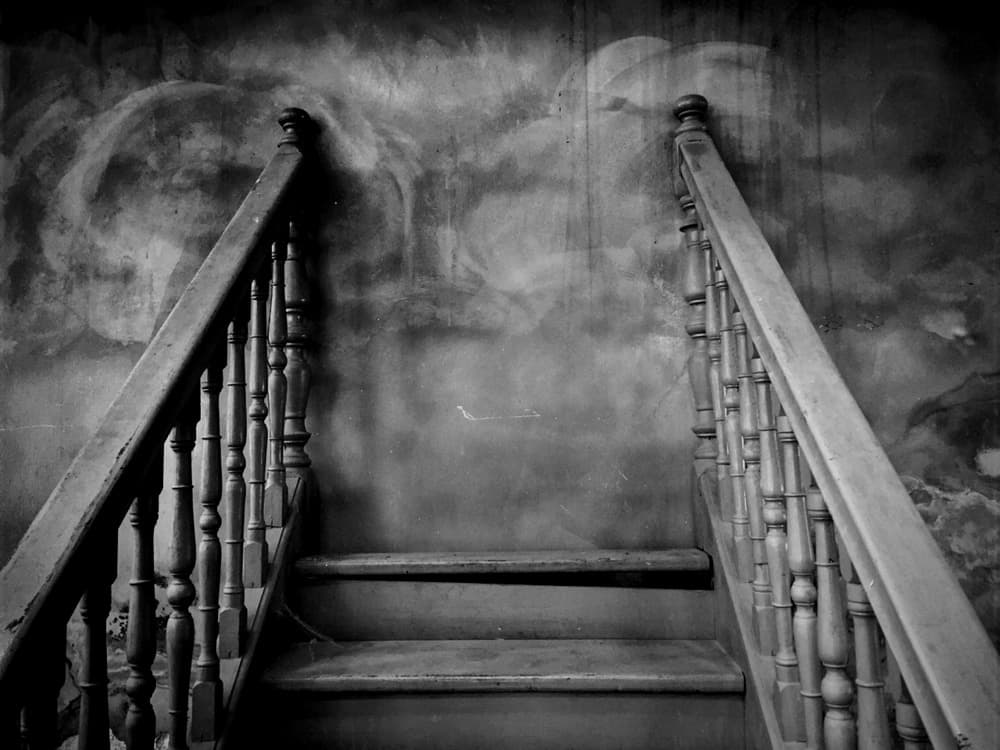 A black-and-white image of a staircase leading upward, flanked by wooden banisters and a textured wall.