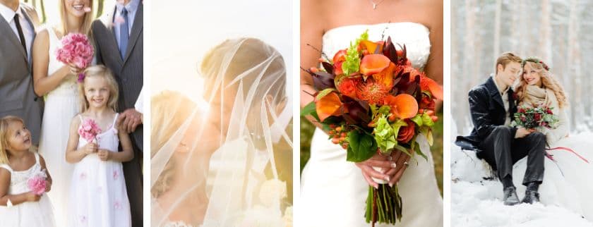 A collage of wedding moments featuring brides, bouquets, and couples in different settings.