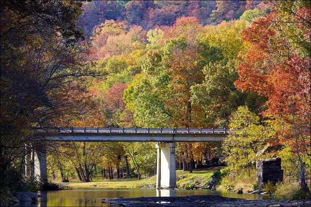 A bridge spans a serene river surrounded by vibrant autumn foliage.