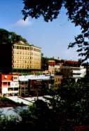 A view of a historic building surrounded by trees and smaller structures in a town.