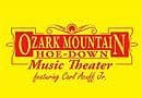 Logo for Ozark Mountain Hoe-Down Music Theater featuring Carl Huff Jr. on a yellow background.