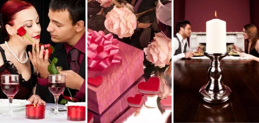 collage: a romantic couple dining, pink gift box and wine, a couple enjoying a candlelit dinner